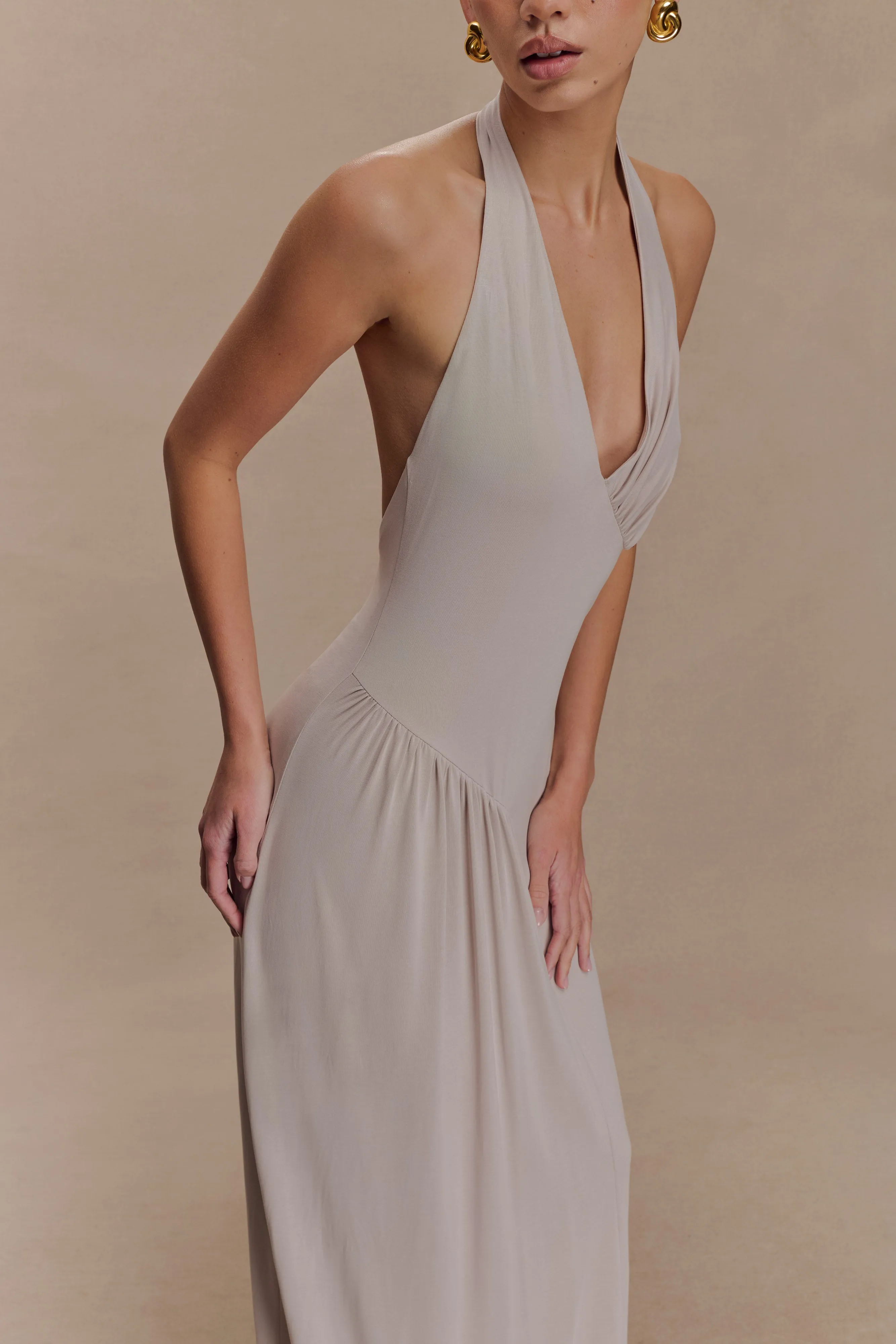 Cozy Cut Yelena Ruched Halter Maxi Dress - Taupe
