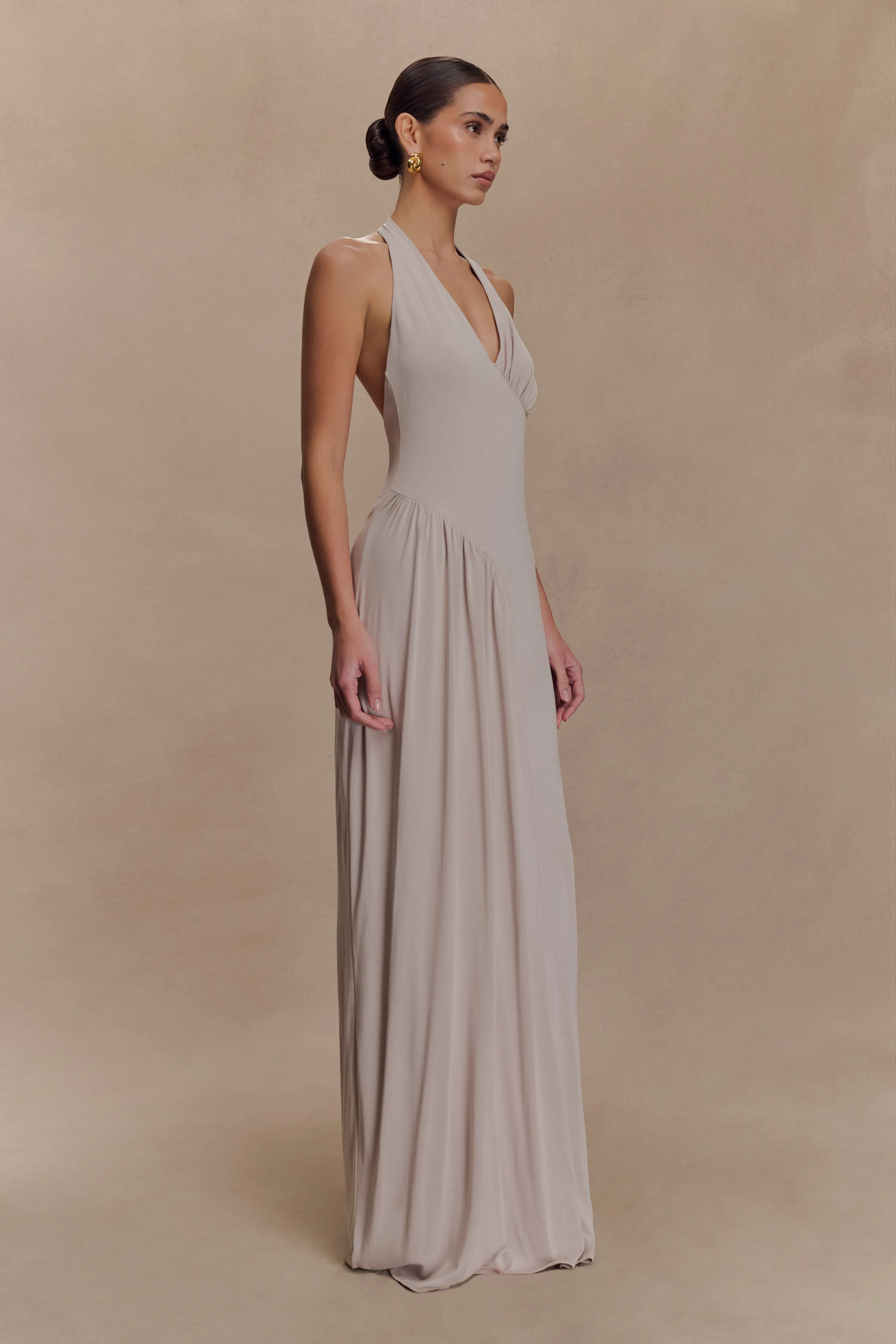 Yelena Ruched Halter Maxi Dress - Taupe Bohemian style