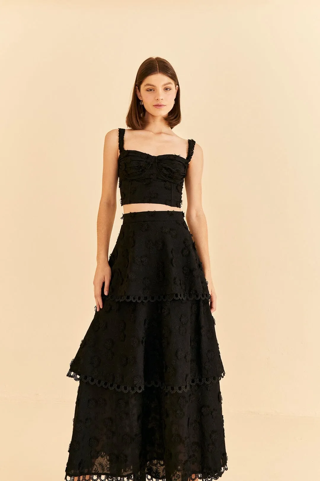 Black 3d Flower Tiered Maxi Skirt Young adult Light Moodboard