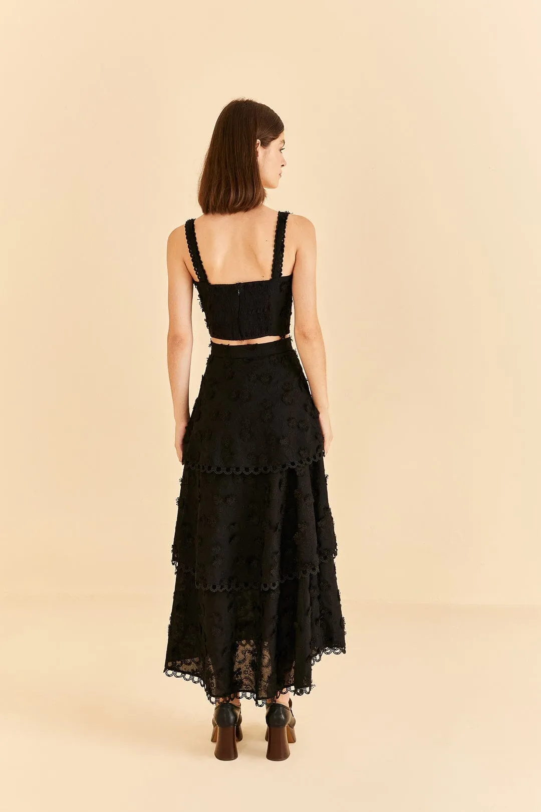 Easy Motion Black 3d Flower Tiered Maxi Skirt