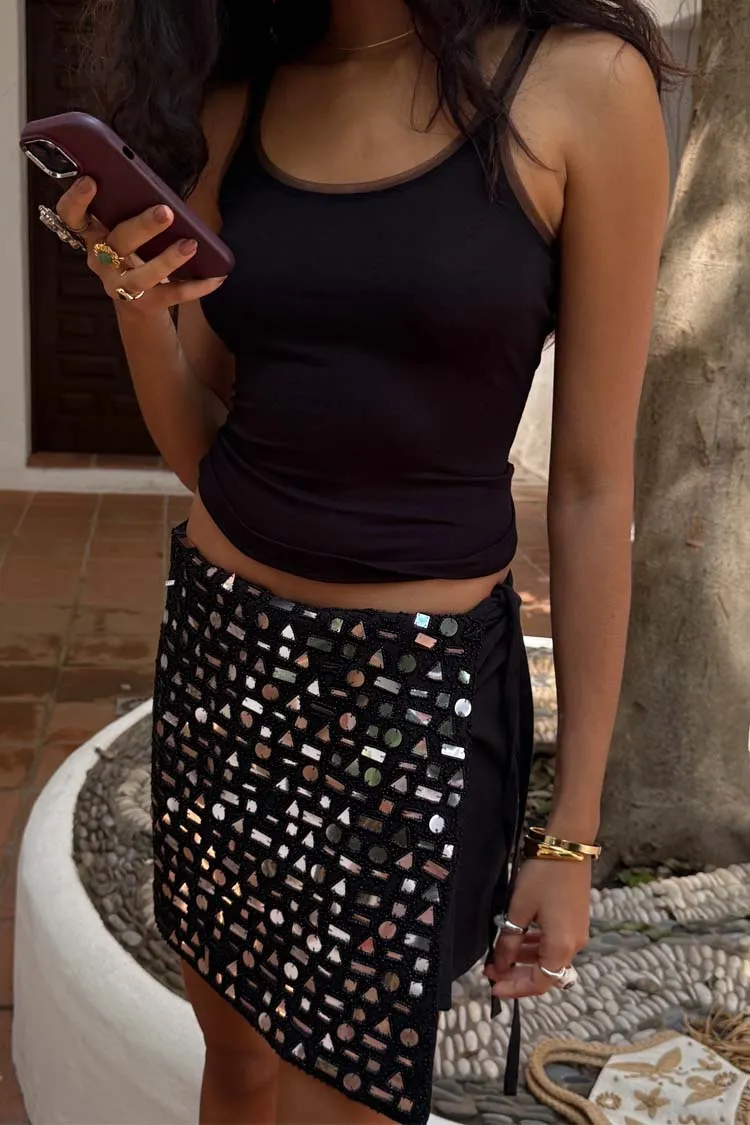 Black Beaded Mirror Skirt Flat Lay Collar