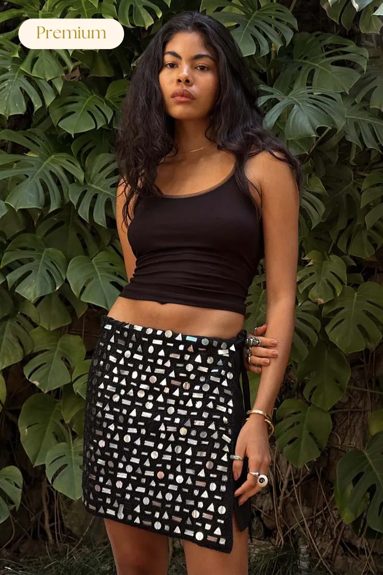 Black Beaded Mirror Skirt Neutrals Only Reinforced Hems