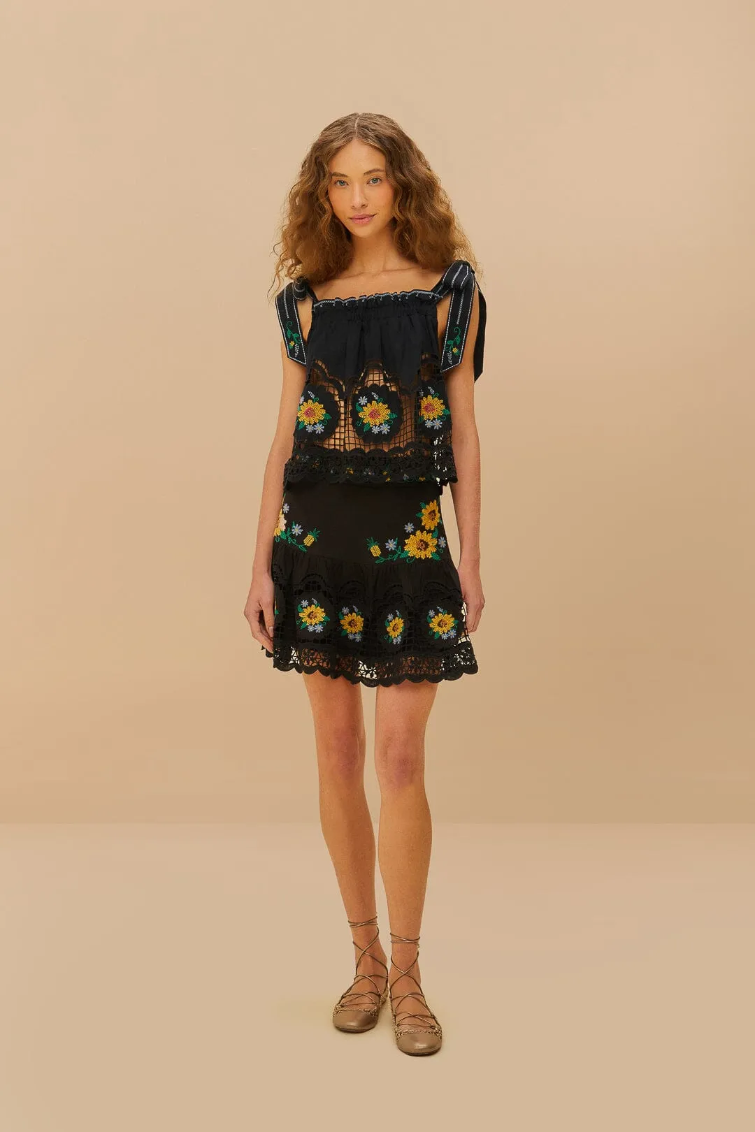 Everyday Vibe Black Cross Stitch Sunflower Richelieu LENZING? ECOVERO? Euroflax? Mini Skirt