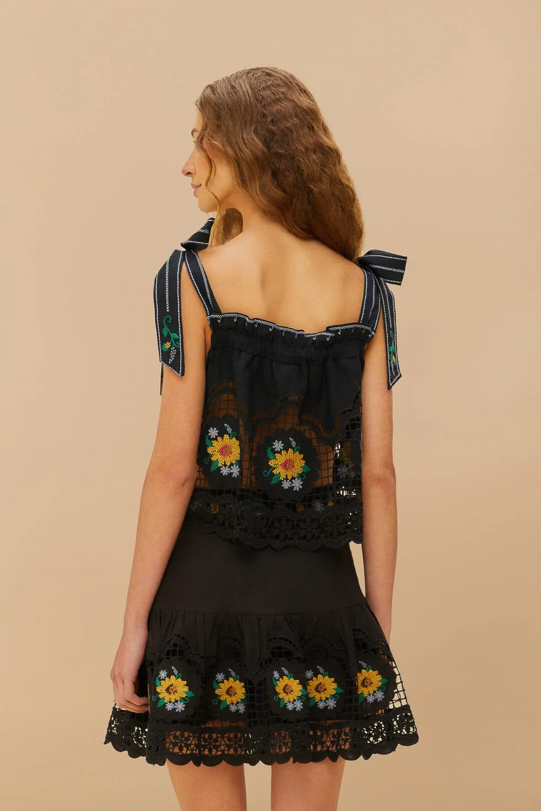 Refined Texture Bestseller Item Black Cross Stitch Sunflower Richelieu LENZING? ECOVERO? Euroflax? Mini Skirt