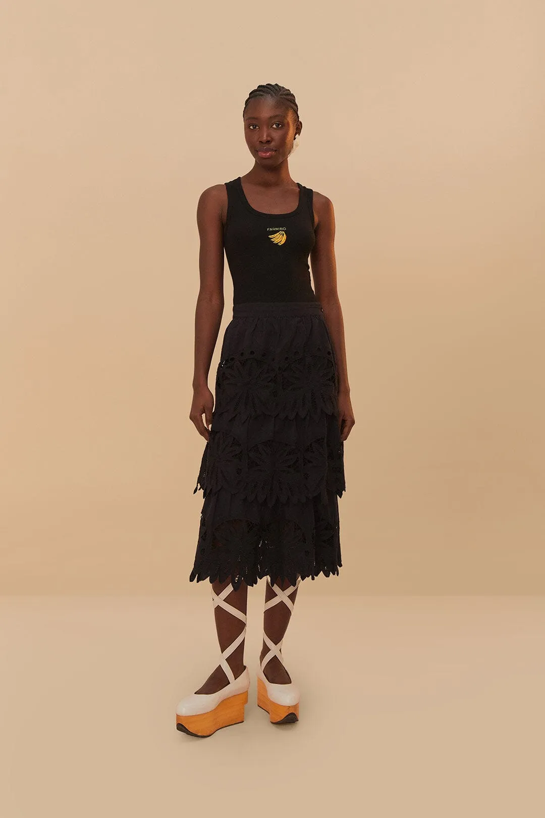 Lightweight Fabric Black Daisy Embroidered Midi Skirt