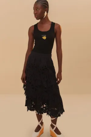 Split hem Elegant Texture Black Daisy Embroidered Midi Skirt