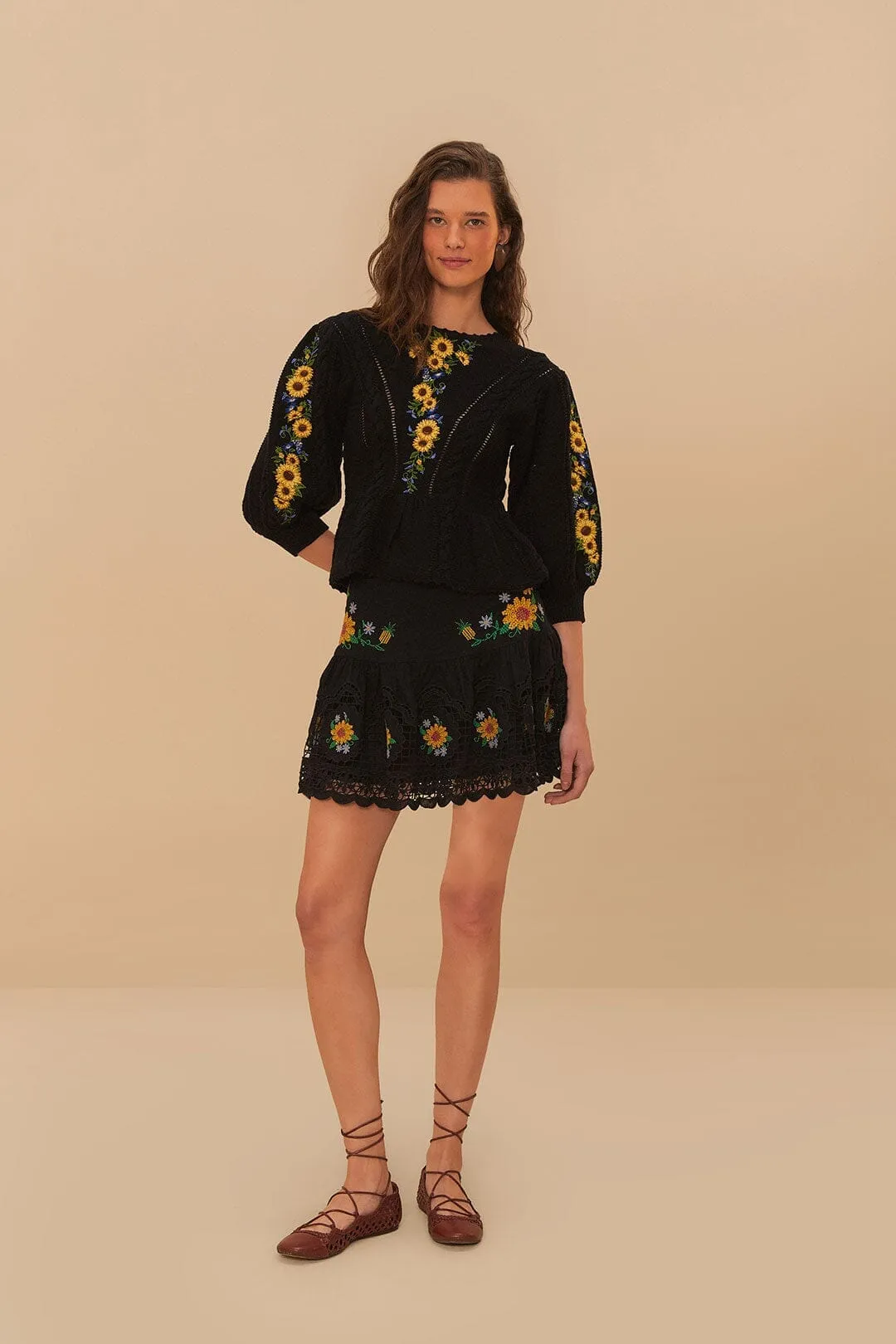 SnagFree Fabric Black Floral Embroidery Knit Top