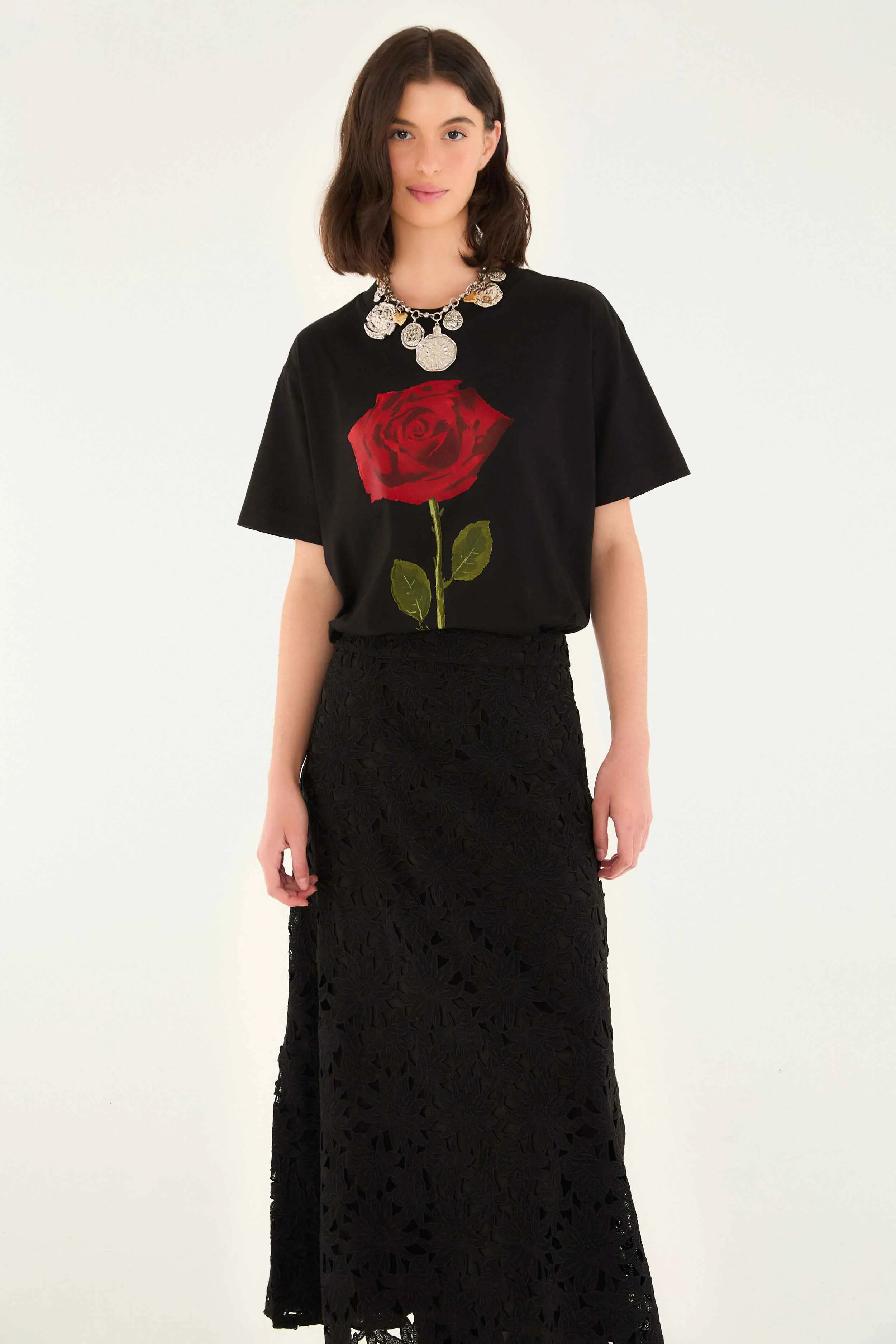 Black Flowered Lace Midi Skirt Elastic hem