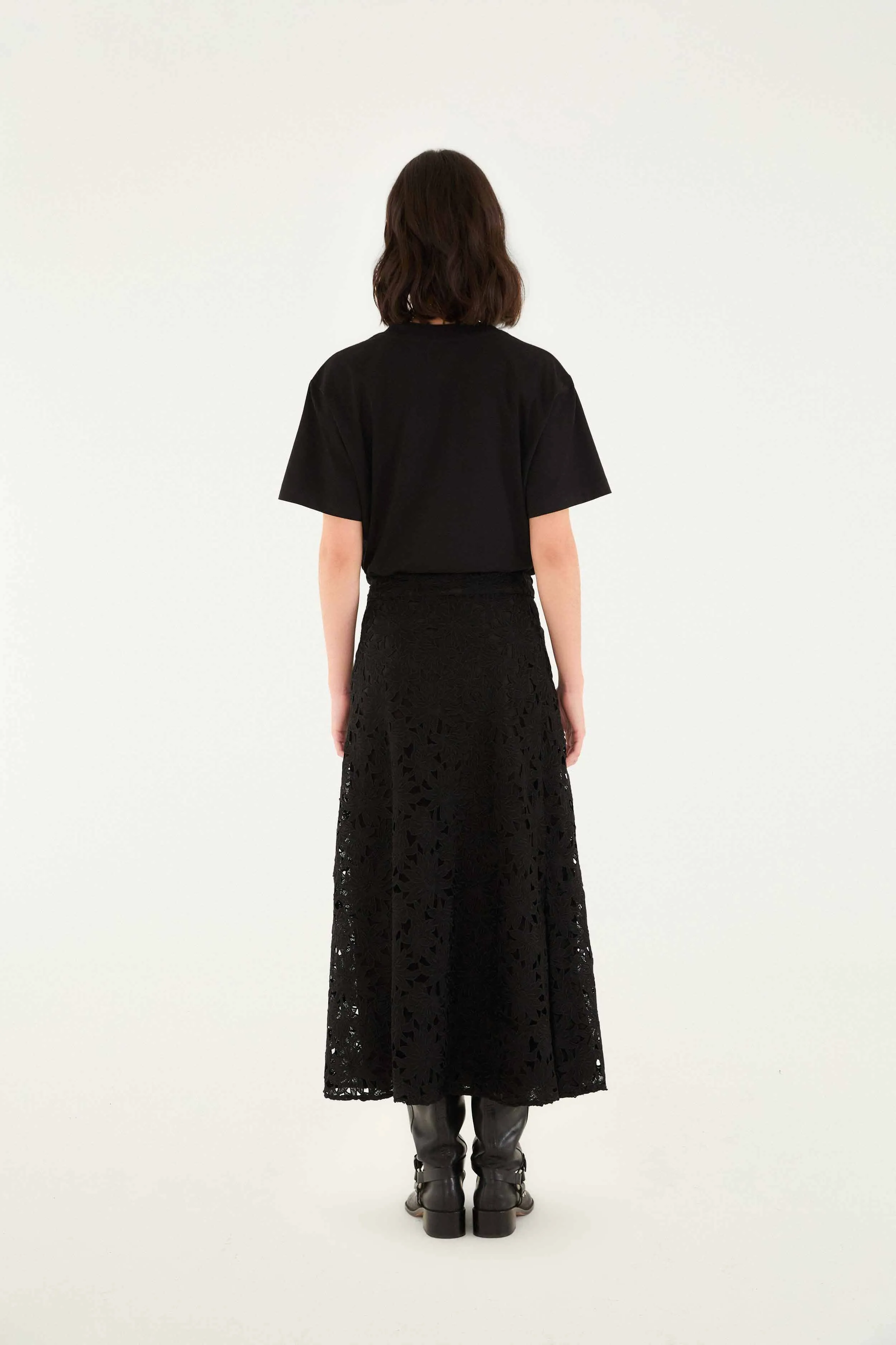 Black Flowered Lace Midi Skirt No Ride Up Breathable Material