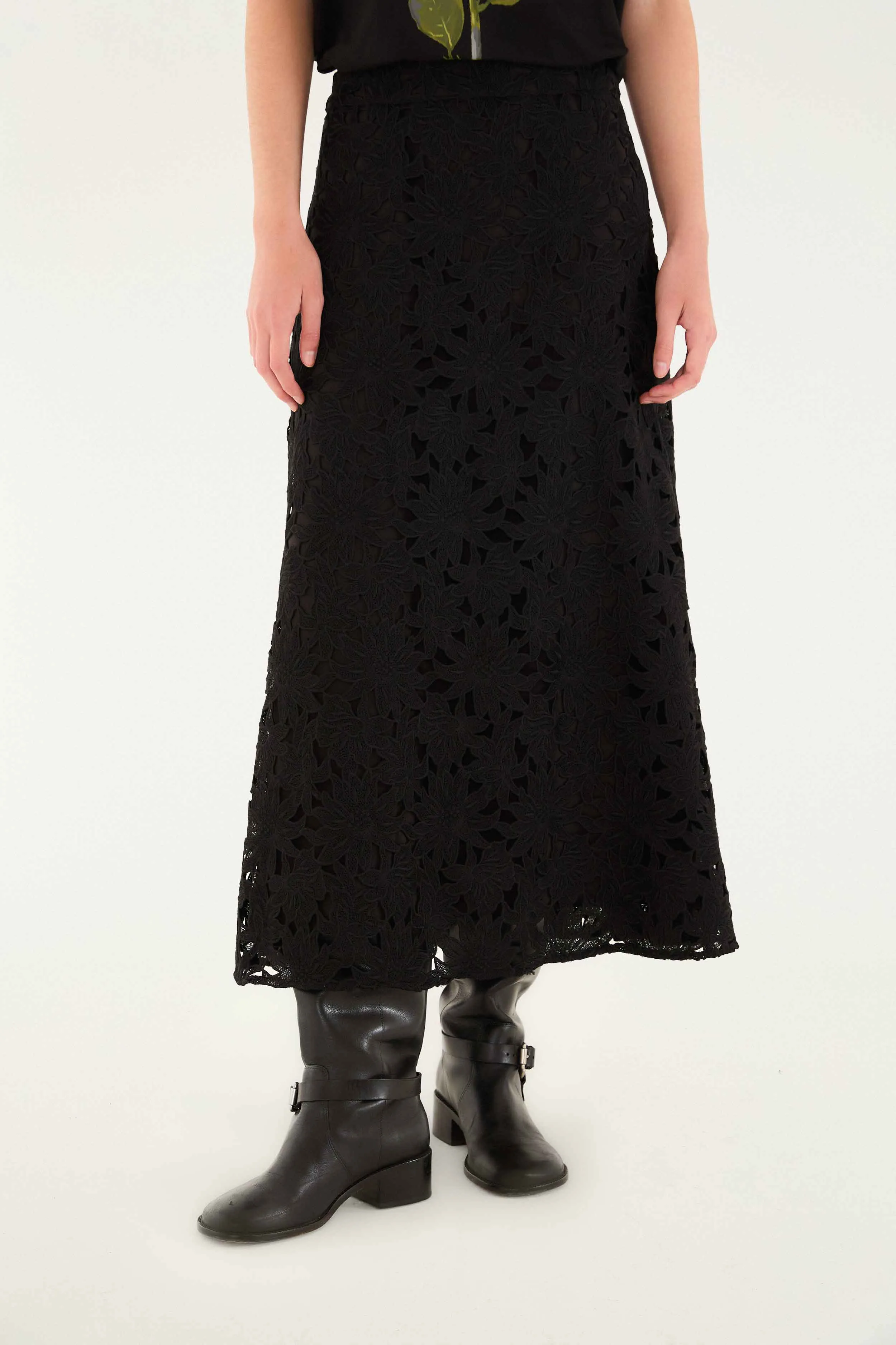 Black Flowered Lace Midi Skirt Resort Vacation