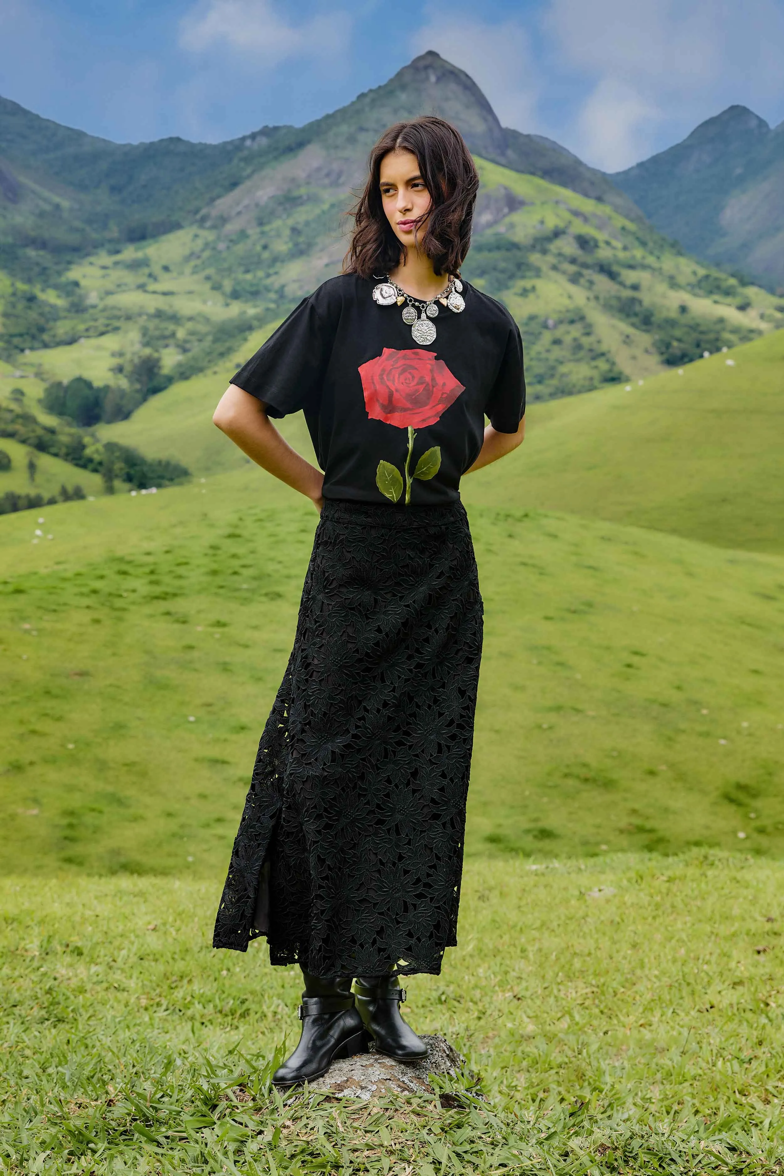 Black Flowered Lace Midi Skirt Minimalist Style City Style