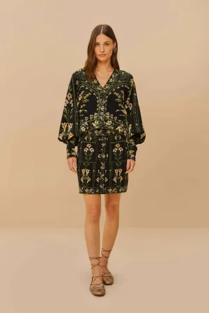 Black Flowers Arch Knit Skirt Elasticized Cuff