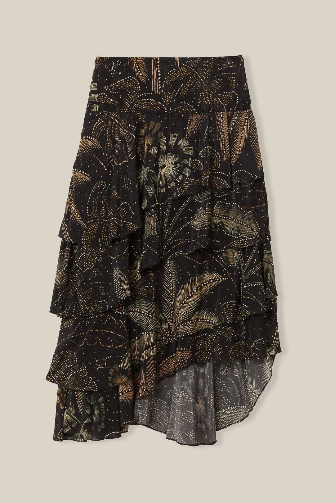 Black Golden Foliage Ruffled Skirt Ruching Details
