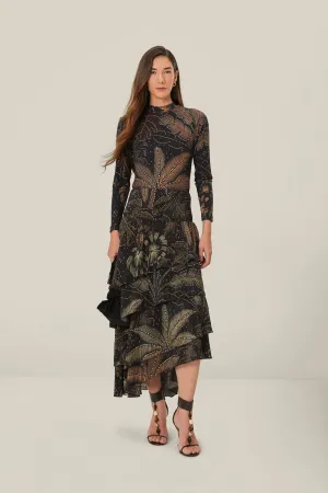 Fashion Pulse Black Golden Foliage Ruffled Skirt