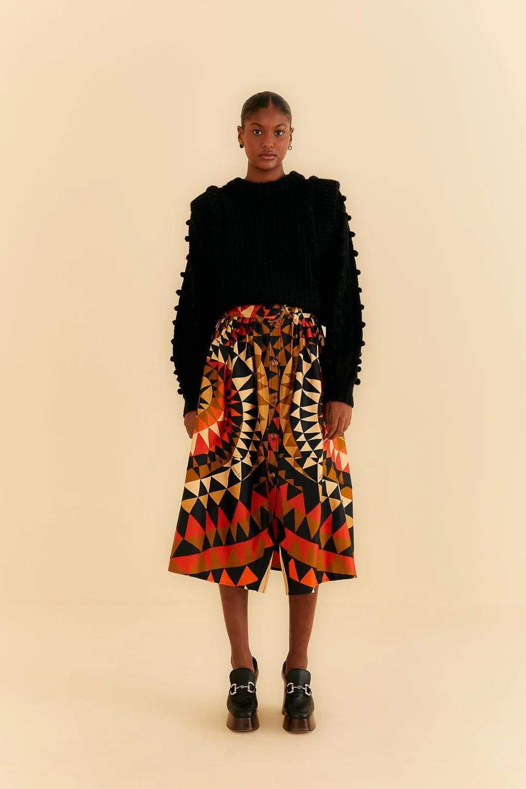 Faux Leather beaded embellishment Black Heart Deco Button Down Midi Skirt