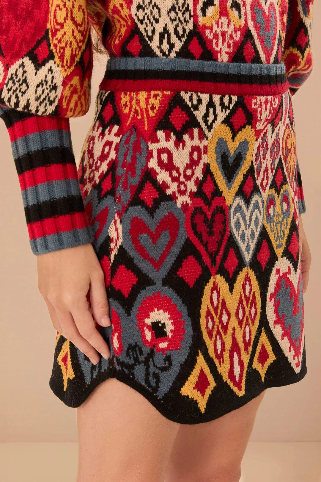 Weighted Hem Artistic Influence Black Hearts Ikat Knit Skirt