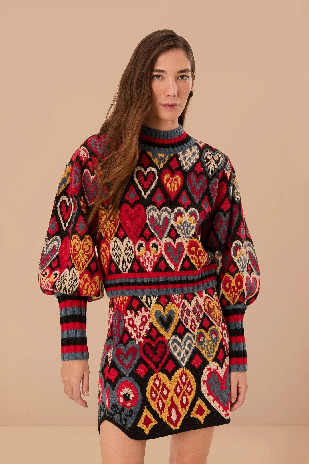 Easy Motion Black Hearts Ikat Knit Skirt