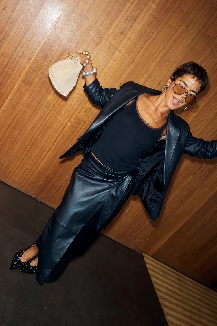 High Waist Unique Feature Black Leather Wrap Skirt