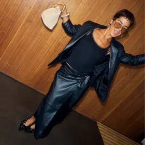 Couture Inspired Lightweight Fabric Black Leather Wrap Skirt