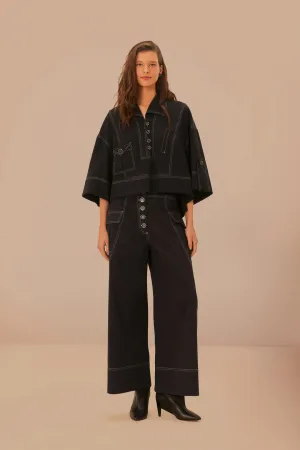 Stretchable Design Essential Fit Black Low Waisted Topstiched Pants