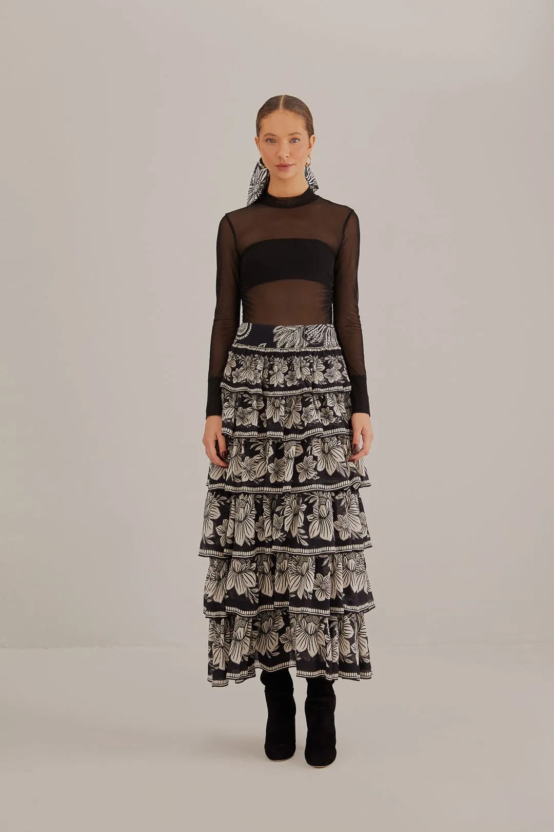Black Paisley Bloom Tiered Skirt Comfy Wear