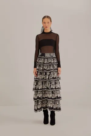 Black Paisley Bloom Tiered Skirt Comfy Wear