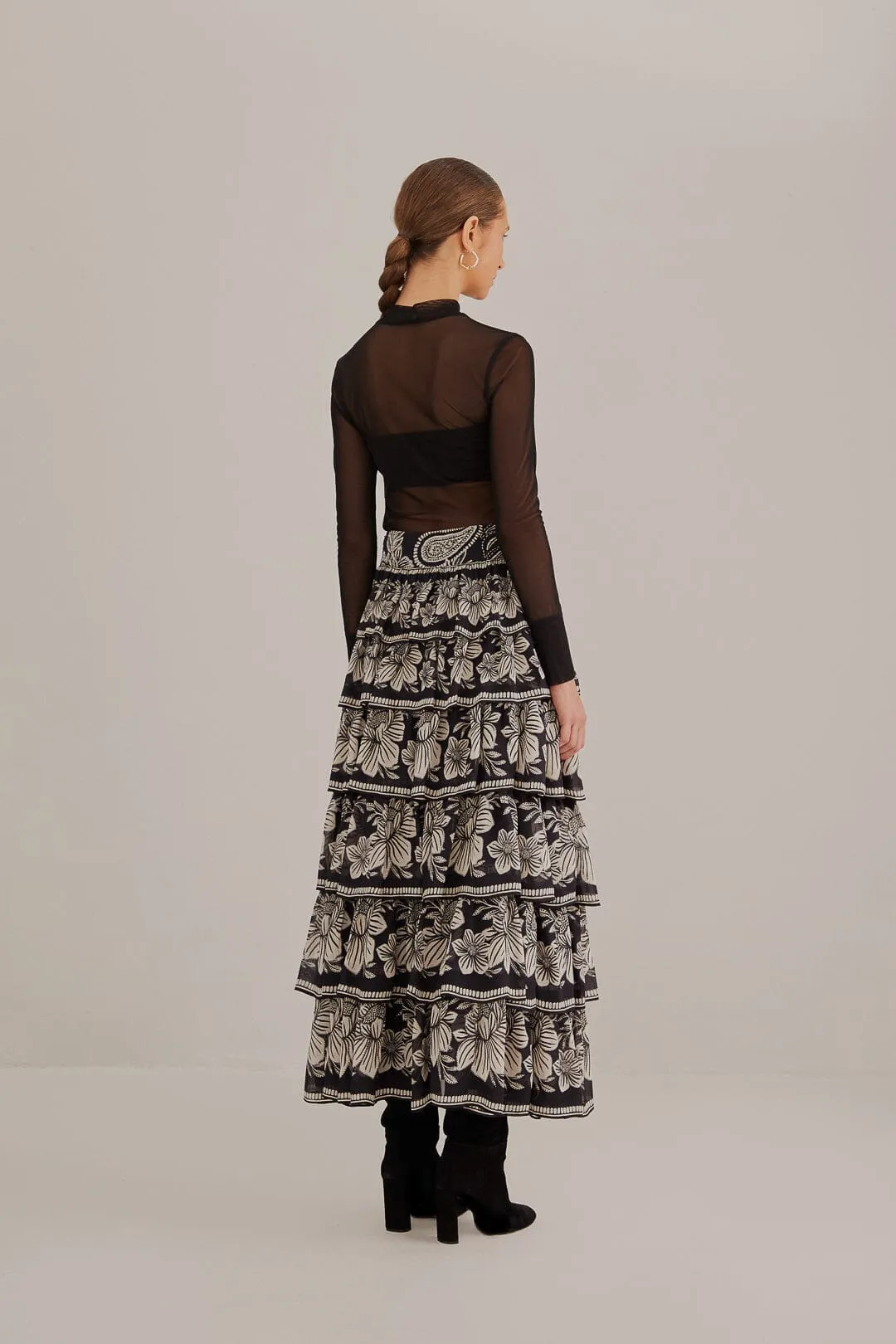 Laidback Style Black Paisley Bloom Tiered Skirt
