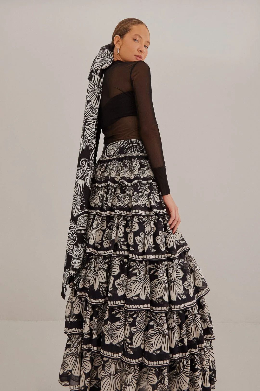Black Paisley Bloom Tiered Skirt Laidback Style Classic Fit