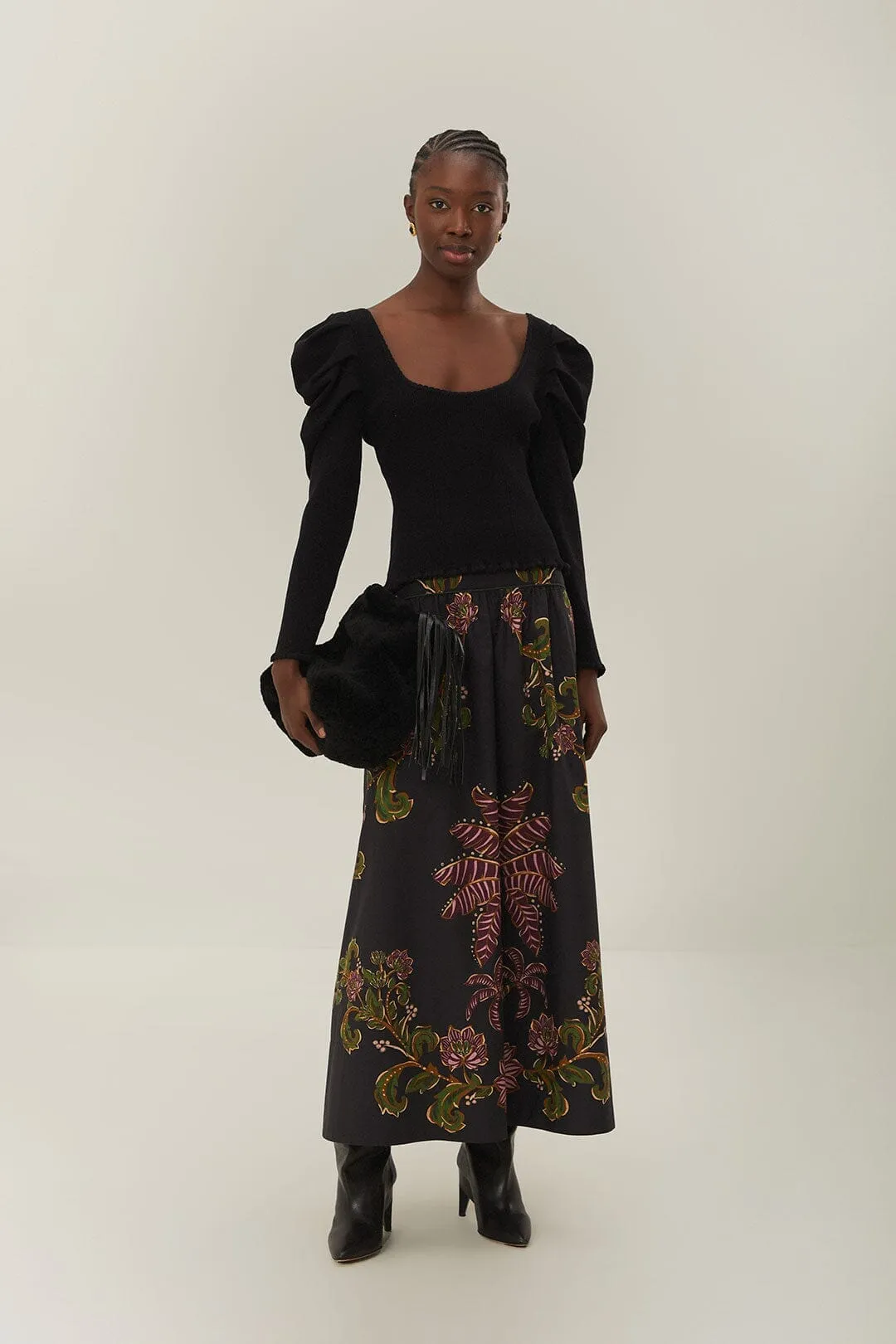Twist Front Black Ravenala Midi Skirt