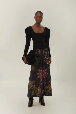 Twist Front Black Ravenala Midi Skirt