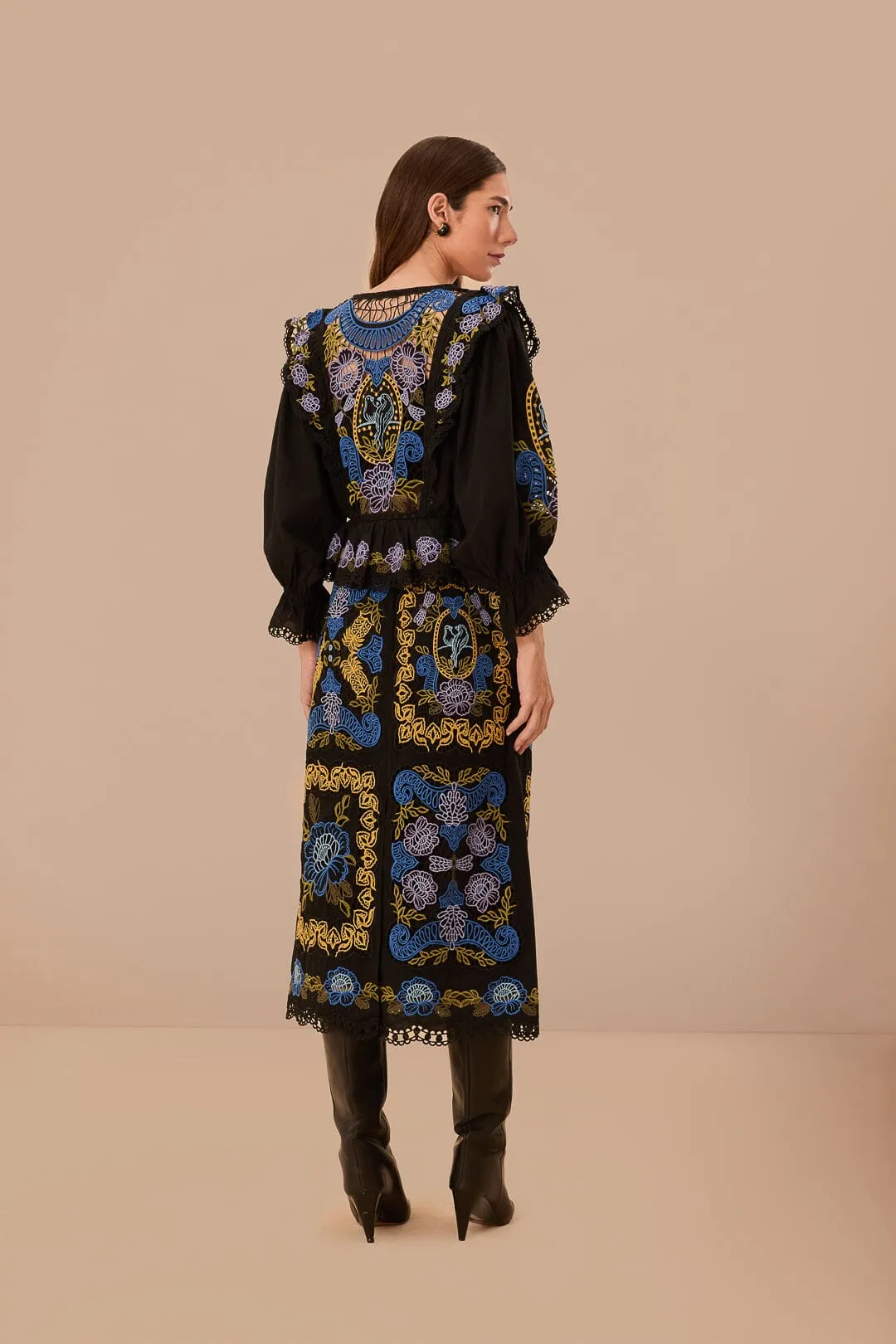 Exclusive Drop Layer Combo Black Richelieu Midi Skirt