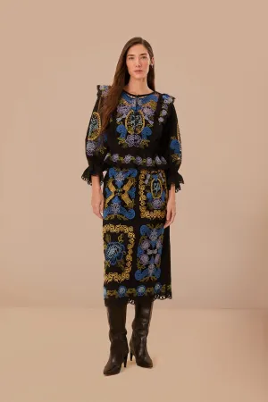 High Waist Geometric Print Black Richelieu Midi Skirt