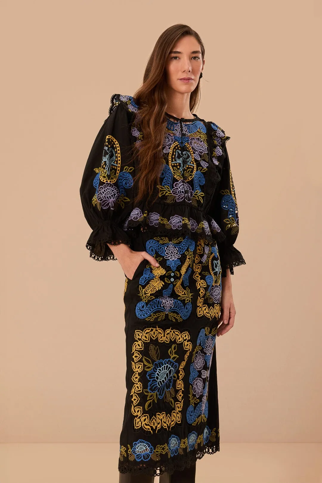 Black Richelieu Midi Skirt Cultural Heritage Quiet Style