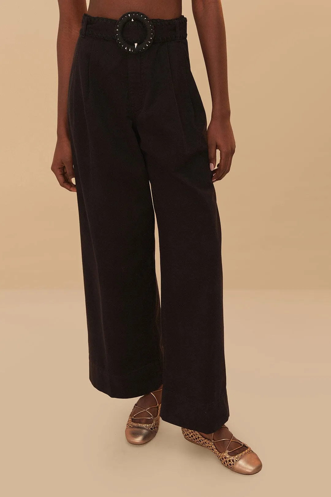 Black Twill Belted Wide Pants RipstopFabric