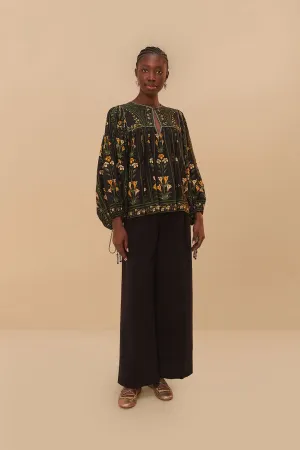 Black Twill Belted Wide Pants Tough Materials