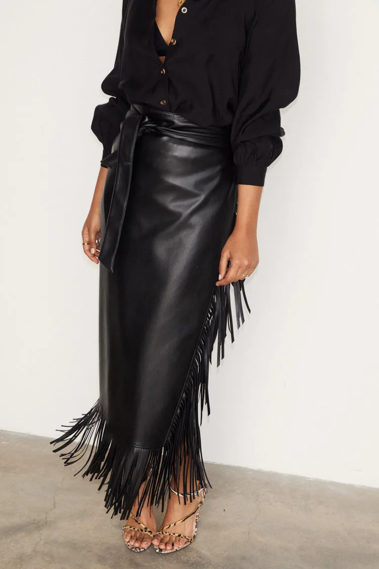 Fashion Style Daytime Look Black Vegan Leather Fringe Midi Jaspre Skirt