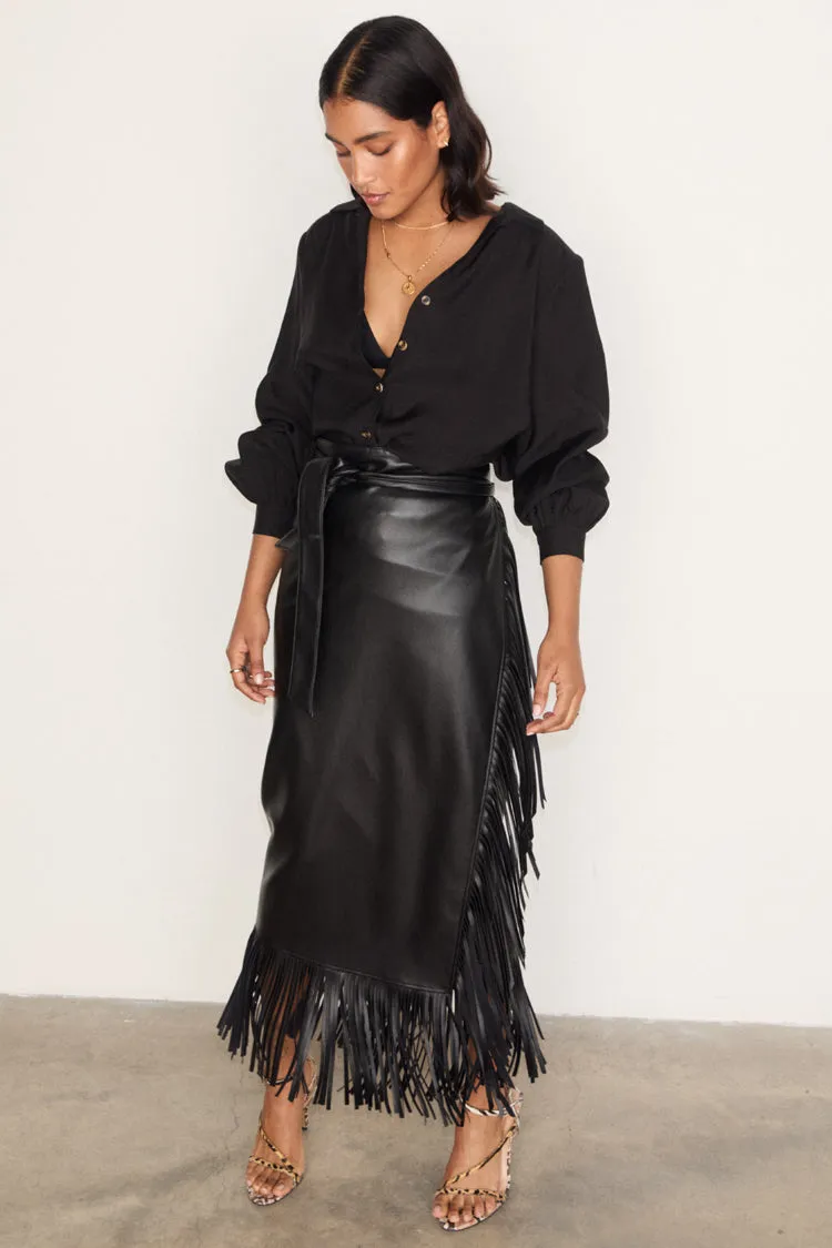 Black Vegan Leather Fringe Midi Jaspre Skirt Outfit Essence