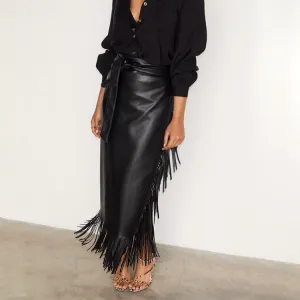 Black Vegan Leather Fringe Midi Jaspre Skirt Clean Outfit Dance Practice