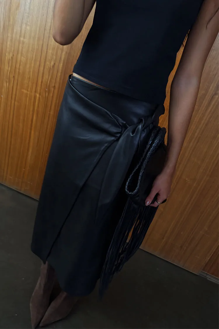 Hypoallergenic fabric Black Vegan Leather Wrap Skirt