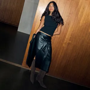 Laser Cut Edges Black Vegan Leather Wrap Skirt