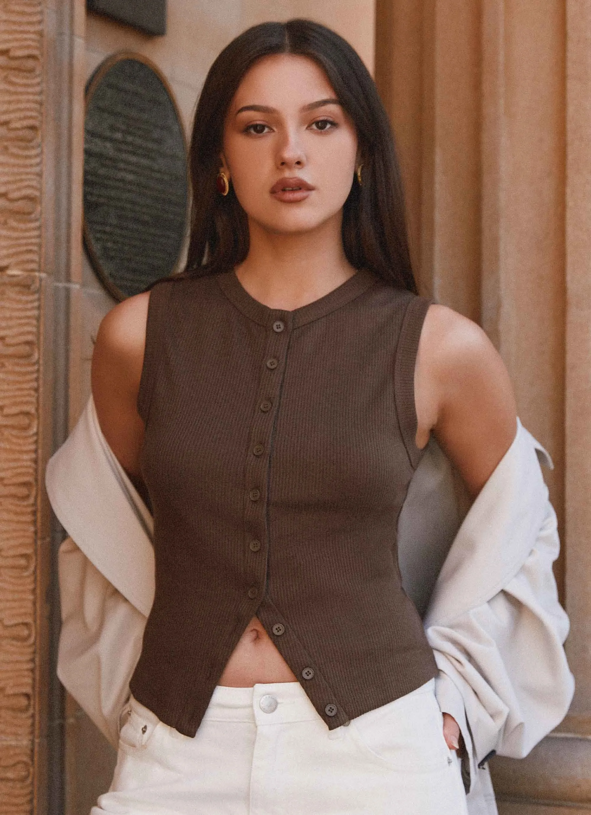 Blair Buttoned Knit Top - Chocolate HighElasticity Yarn