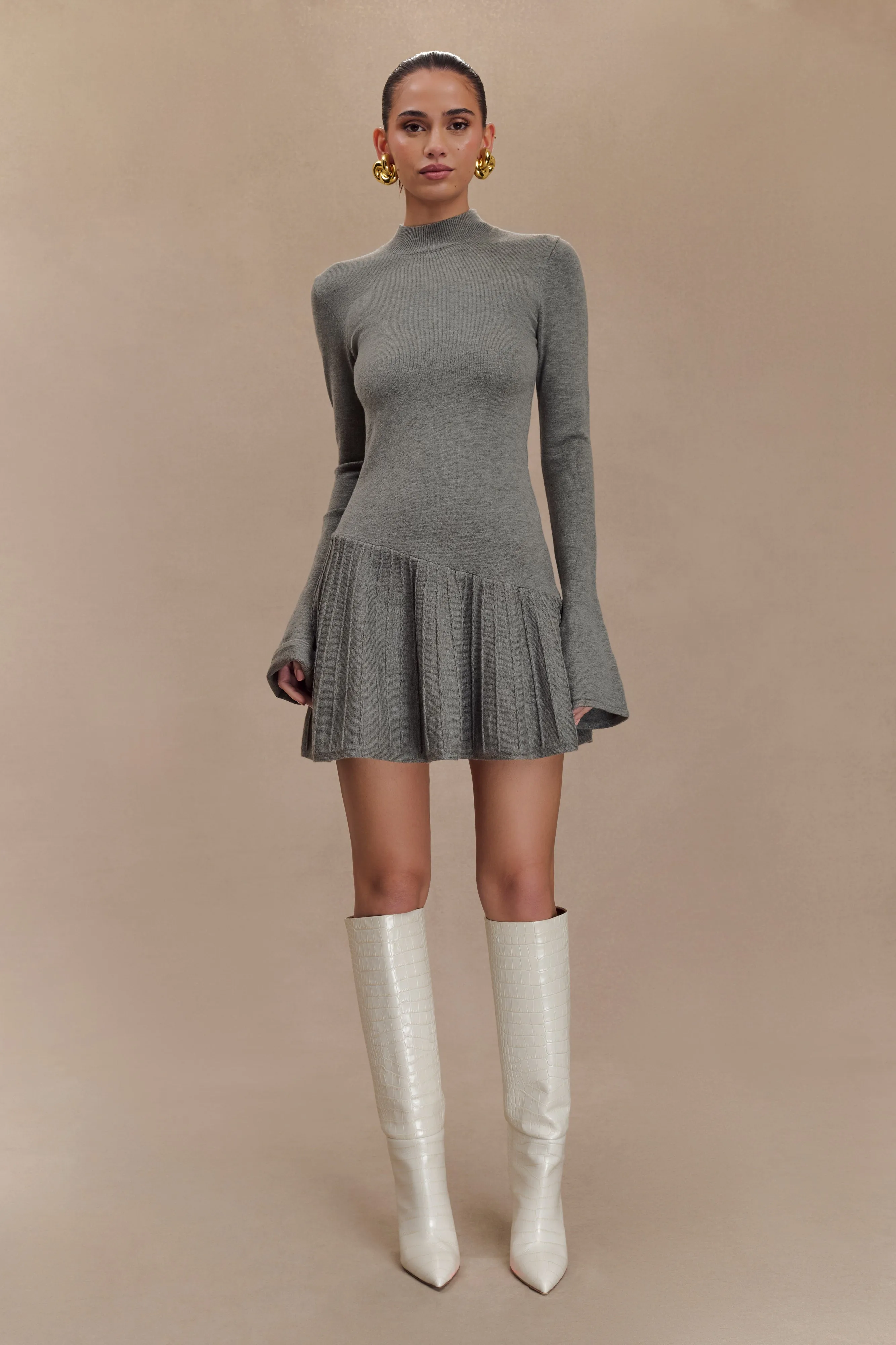 Blair Knit Mini Dress With Pleats - Charcoal Sleek Touch
