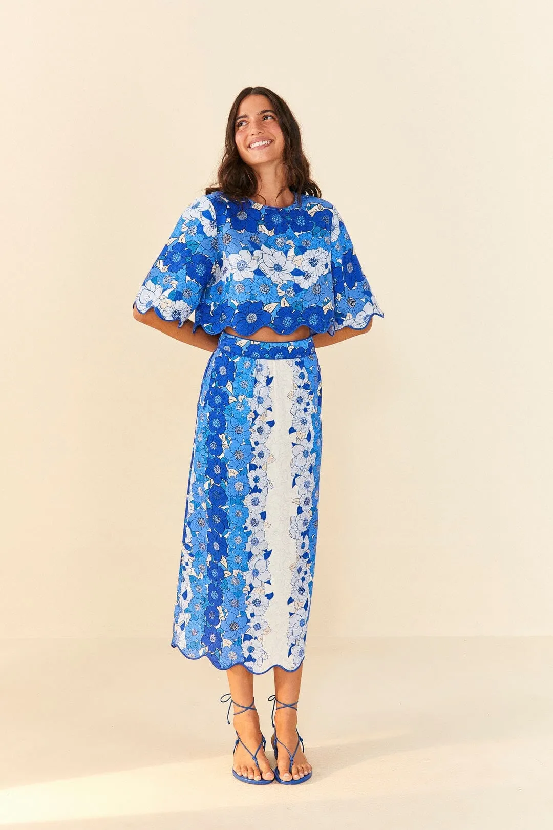 Casual Style Creative Flow Blue Flower Stripes Crop Top