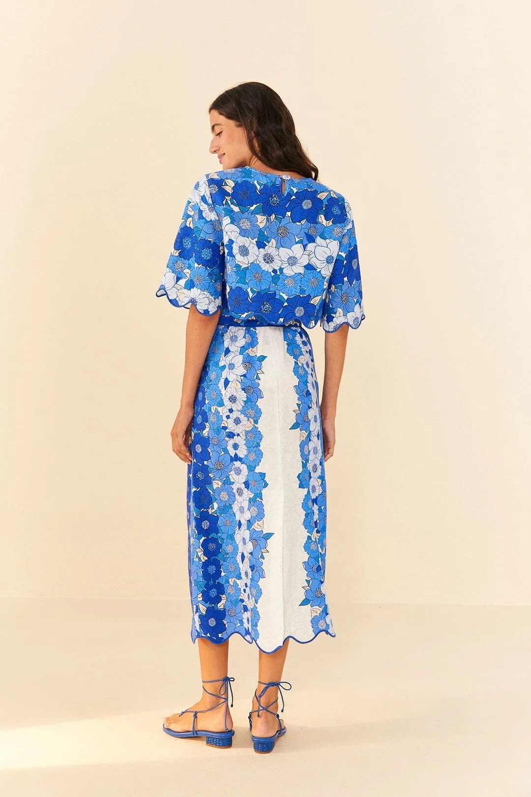 Flowy Drape Blue Flower Stripes Midi Skirt