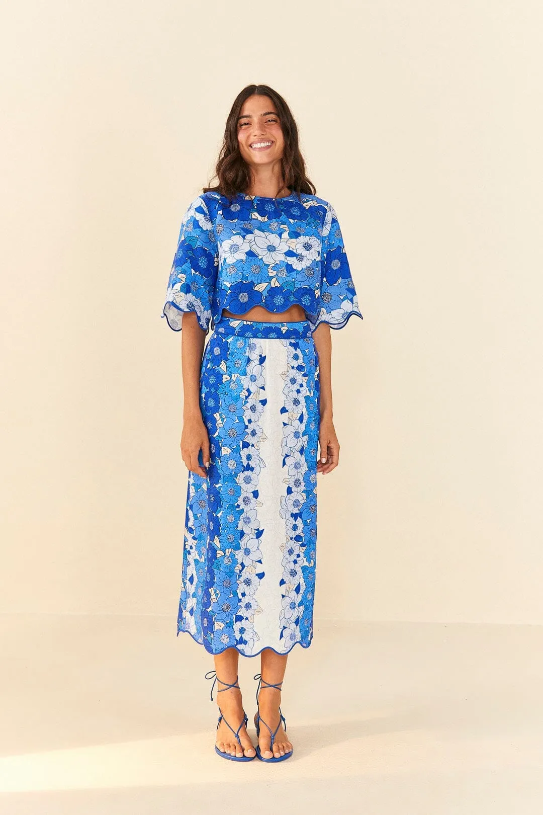 Layered Structure Sophisticated Mood Blue Flower Stripes Midi Skirt