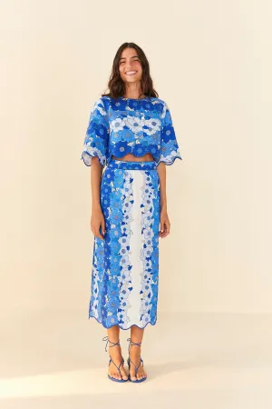 Layered Structure Sophisticated Mood Blue Flower Stripes Midi Skirt