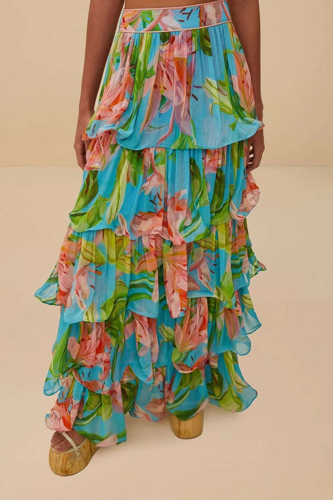 Blue Lily Bloom Maxi Skirt Button Details