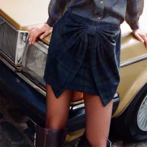 Blue Tartan Bow Skirt tech fabric
