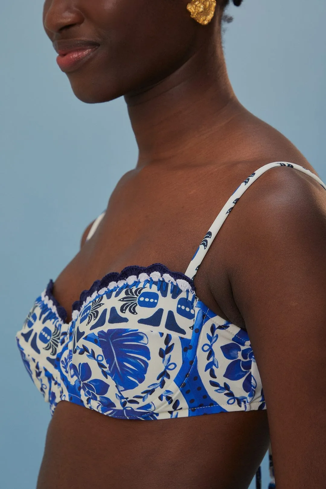 Blue Tile Dream Bikini Top Global Edge Foldable Hem