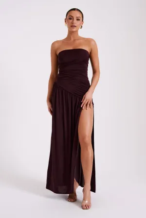 Bex Strapless Slinky Maxi Dress With Split - Burgundy Statement-Print Fresh Style